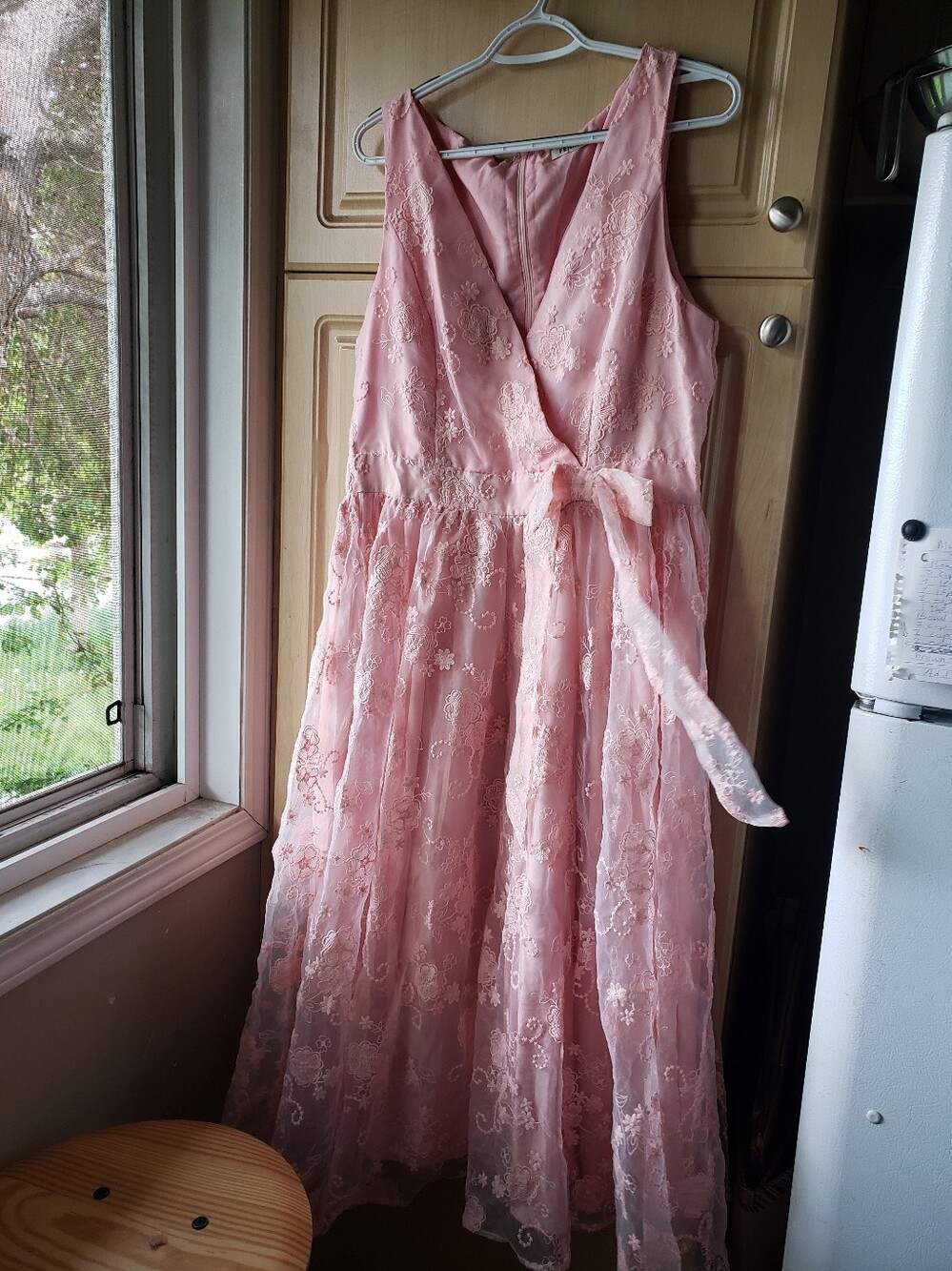 Elegant Blush Pink Lace Formal Dress with Bow Waist Zipper Back